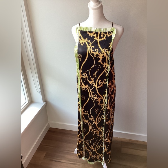 NWT Ganni Black Panel Ruffle Slip Dress, 36, green trim gold chain print - Picture 4 of 12